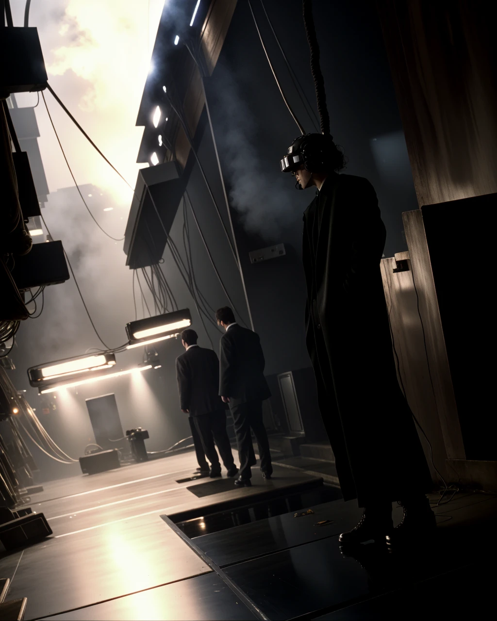 three people standing in a dark room with a dark background , high quality, high textured, real life, science fiction, from Johnny Mnemonic