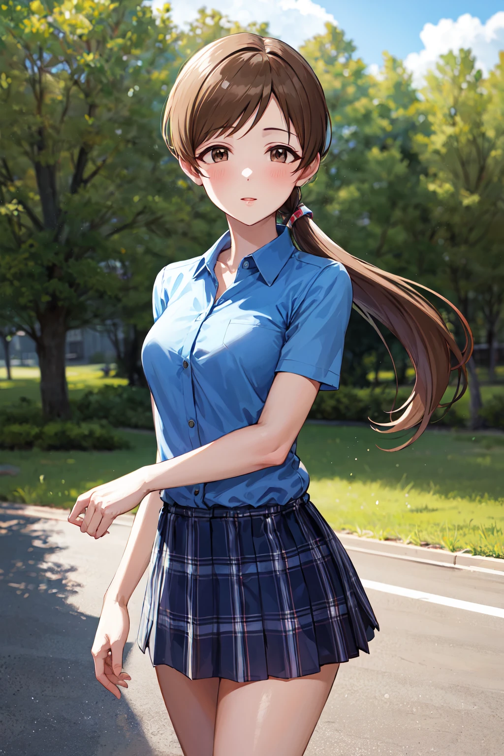 masterpiece, best quality, highres, aanitta, very long hair, long hair, low ponytail, medium breasts, blue shirt, short sleeves, collared shirt, plaid skirt, miniskirt, idolmaster, <lora:nitta_minami_v1:0.7>, standing, cowboy shot, outdoors,