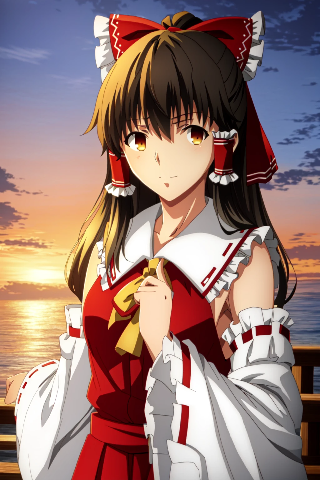 ufotable style, upper body, hakurei reimu, outdoors, light smile, looking at viewer, ocean
<lyco:ufotable_style_lycoris_v3:1>