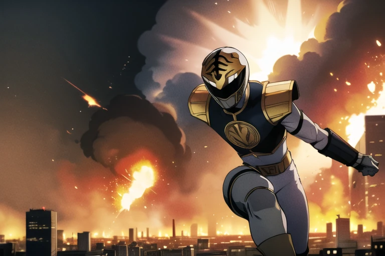 ((masterpiece,best quality)), absurdres,
<lora:White_Ranger:0.7>, White_Ranger, solo, black breastplate, detailed helmet and armor,
city and explosions in background, cinematic composition, dynamic pose,