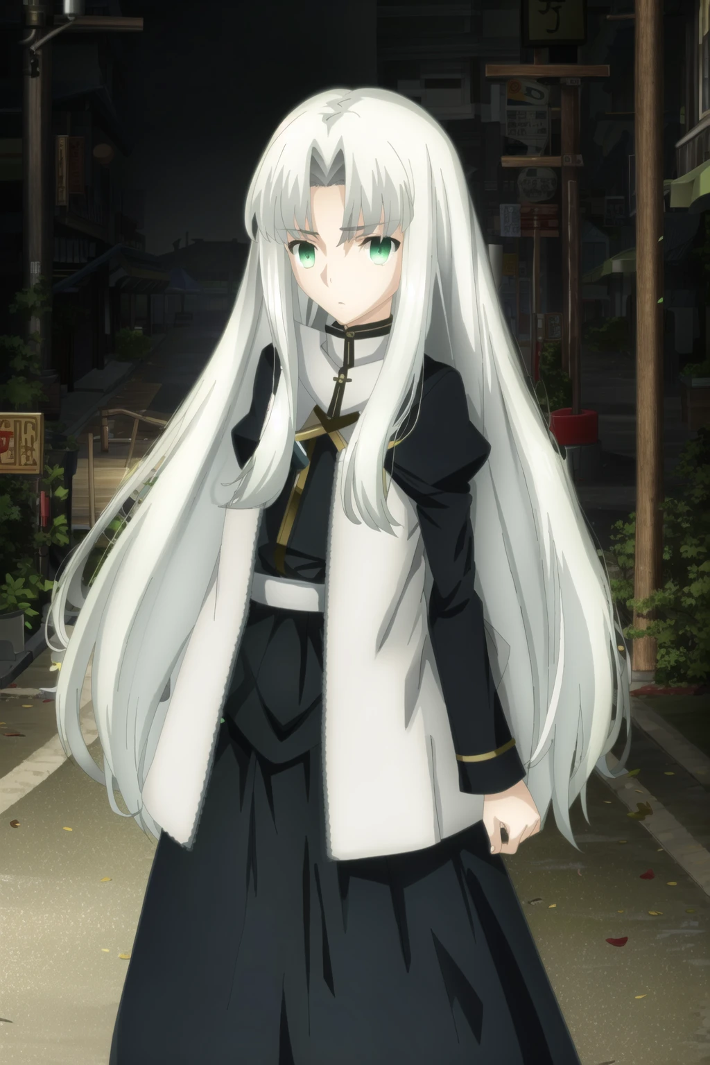 ufotable style, long hair, white hair, green eyes, 1girl, street, night, dim light
<lyco:ufotable_style_lycoris_v3:1.0>
