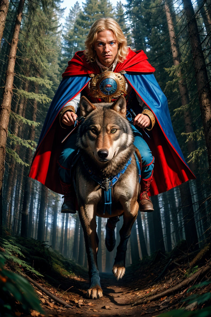 photo RAW,(athletic male boy in ornate coat, blonde hair, blue eyes, red cape, (riding on a running wolf in dark forest),(fish-eye 15mm)), masterpiece, award winning photography, natural light, perfect composition, high detail, hyper realistic