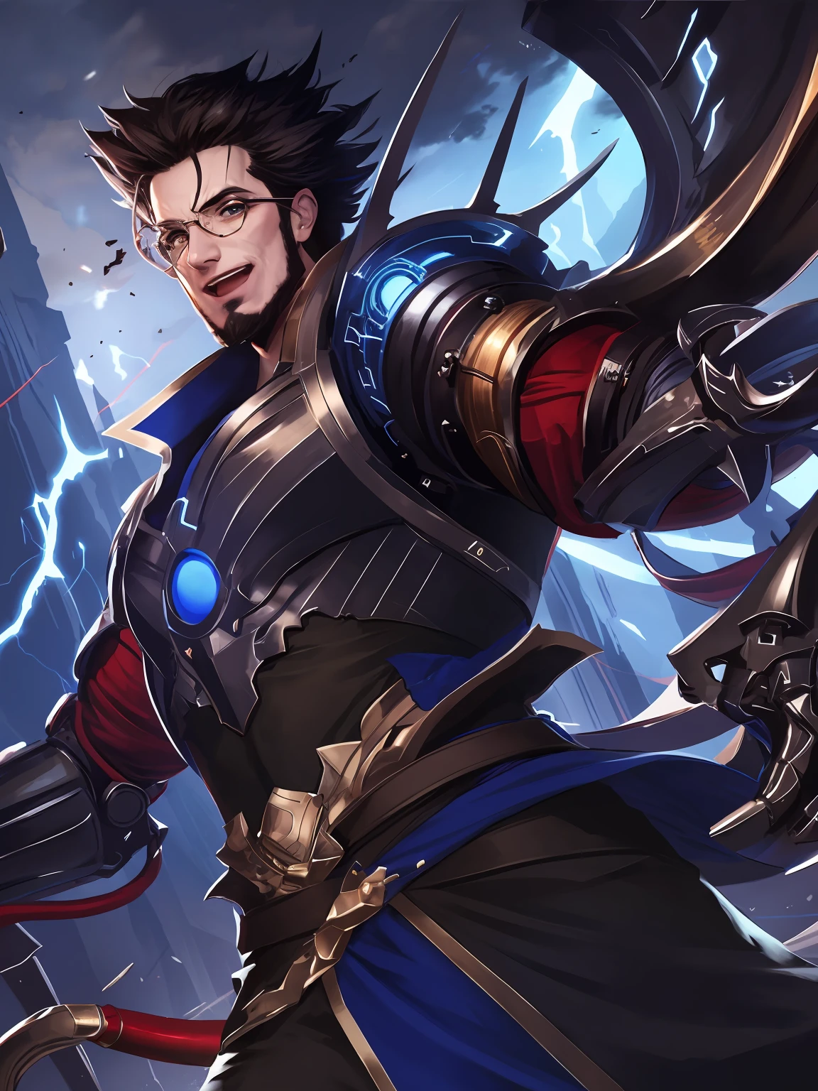 masterpiece,best quality,highres,cinematic lighting,dramatic angle,1man,<lora:ShadowverseBelphomet:0.8> ,heterochromia,red eyes,blue eyes,black hair,short hair,teeth,looking at viewer,tentacles,evil smile,open mouth,armor,mechanical,breastplate,electricity,jacket,blue theme,mask,one eye covered,matured,glasses,cowboy shot,claws