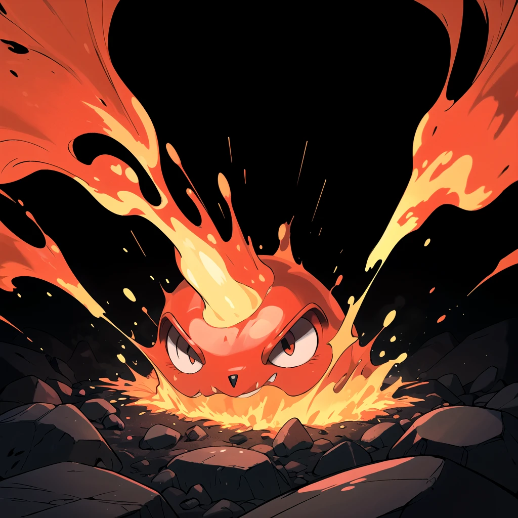 highres, masterpiece, sugimori ken \(style\), picture of a fire type (red) slime \(creature\) pokemon \(creature\) made of lava, inside a volcano, small, cute, not very detailed physical trait, melting, melting very hot rock, magma, volcano background