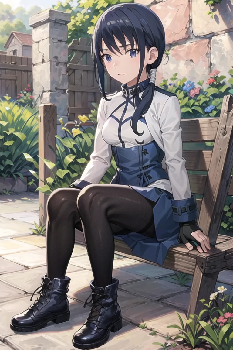 masterpiece, best quality,village,1girl,blue hair,blue eyes,fingerless_gloves,boots,black_pantyhose,sitting,