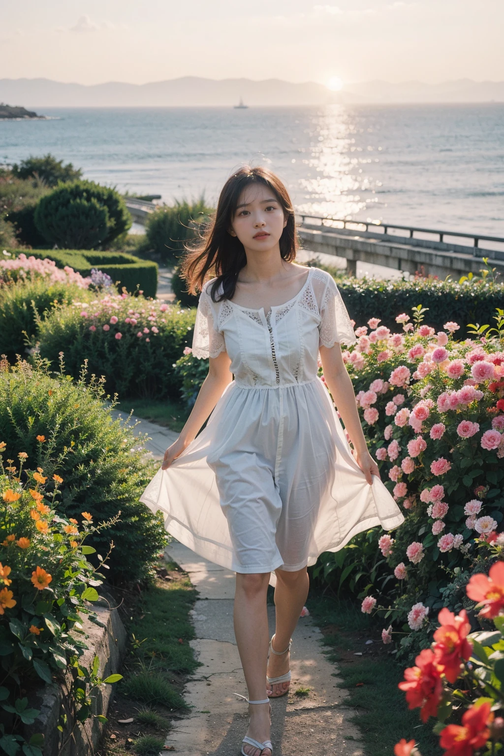 Best Quality,Masterpiece,Ultra High Resolution,(Realisticity:1.4),Original Photo,Cinematic Lighting,
1Girl,Cute,full body,sunset,sea of flowers,