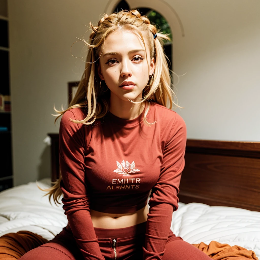 <lora:jalbav9:0.8> jalba, a woman, best quality, sitting on bed, red clothes, latina, blonde hair, intricate realistic photo, <lora:short_dreads_hairstyle:0.2> short_dreads_hairstyle