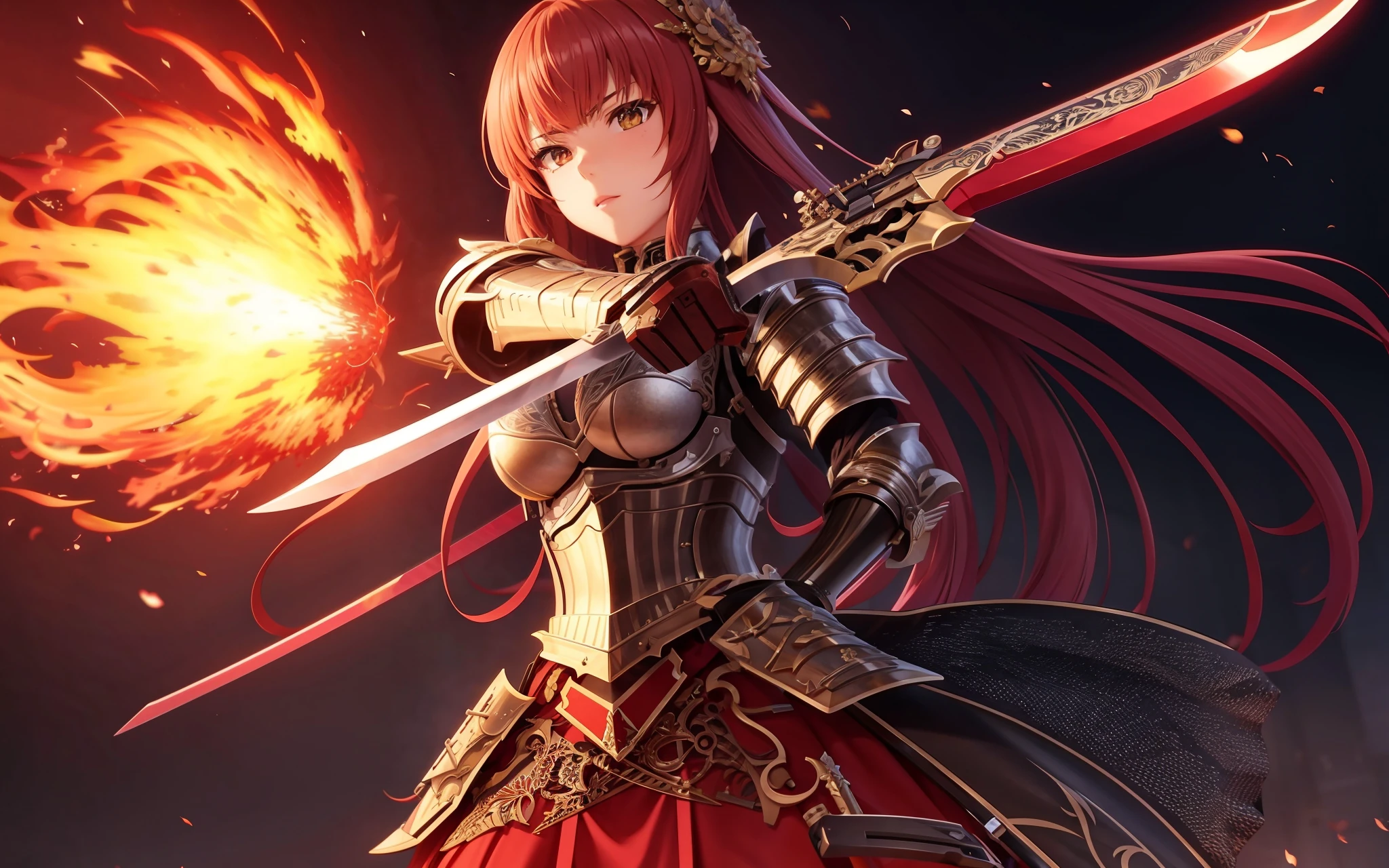 by kyoani, (game cg), highres, (masterpiece), (best quality), official art, hdr, wallpaper,
fierce teen girl, long hair with blunt bangs, medium breasts, (intricate detailed bladed armor), skirt, ((flaming weapon))
