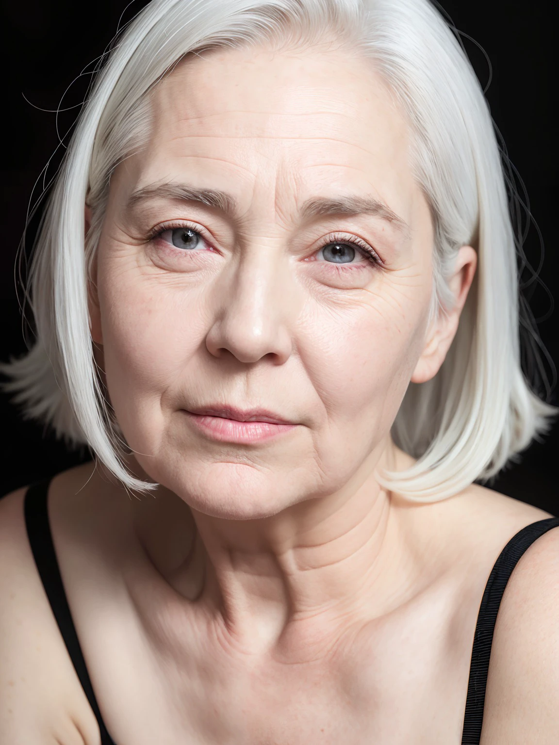 highly detailed photo, realistic, absurdres, highly detailed skin, photorealistic, highres, white hair, pale skin, white, fair complexion, mature woman, english, chubby, portrait photo, wrinkled skin,