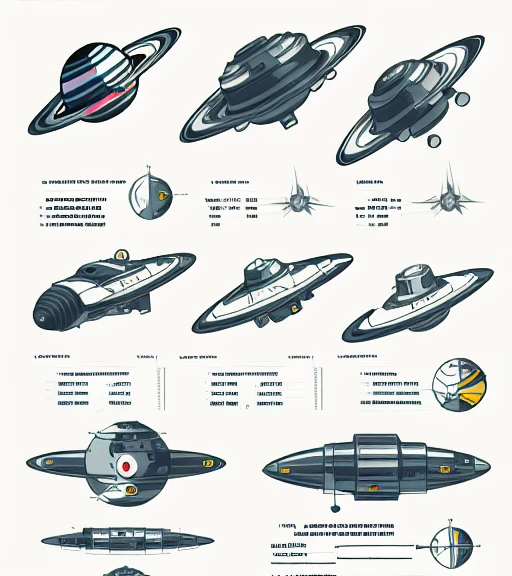 outer space spaceship design sheet page scan, informative texts and graphs, concept sheet illustration