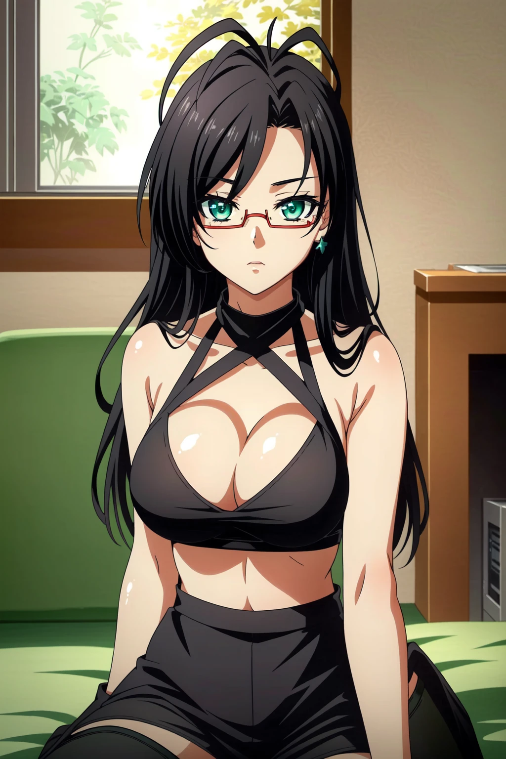 <lora:Chisato Hasegawa:0.5>, Chisato Hasegawa, 1girl, solo, red frame glasses, Black hair, long hair, antenna hair, breasts, shirt, large breasts, open clothes, open shirt, Beautiful Green eyes, sitting, sitting on viewer, POV, cleavage, Beautiful Detailed Eyes, (((halter top dress, Black Leggings, Knee High Boots,))) suducing stare, upper body, in a room, innocent look, ((Extremely Detailed)), ((Best Quality)), ((Masterpiece)), ((4k)),