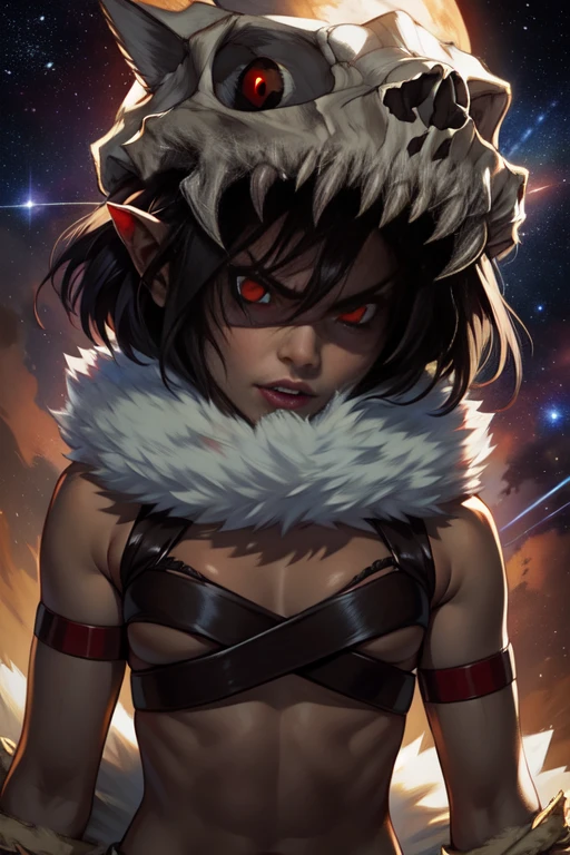 Shaman, red eyes, short black hair, flat chest, angry,  upper body,  teeth.
Sattire, thighhighs, midriff, bandeau, gloves, claws, fur trim, loincloth, animal skull with red eyes, chest straps, outer space, stars, 
(insanely detailed, beautiful detailed face, masterpiece, best quality)
<lora:shaman-10v2:0.7>