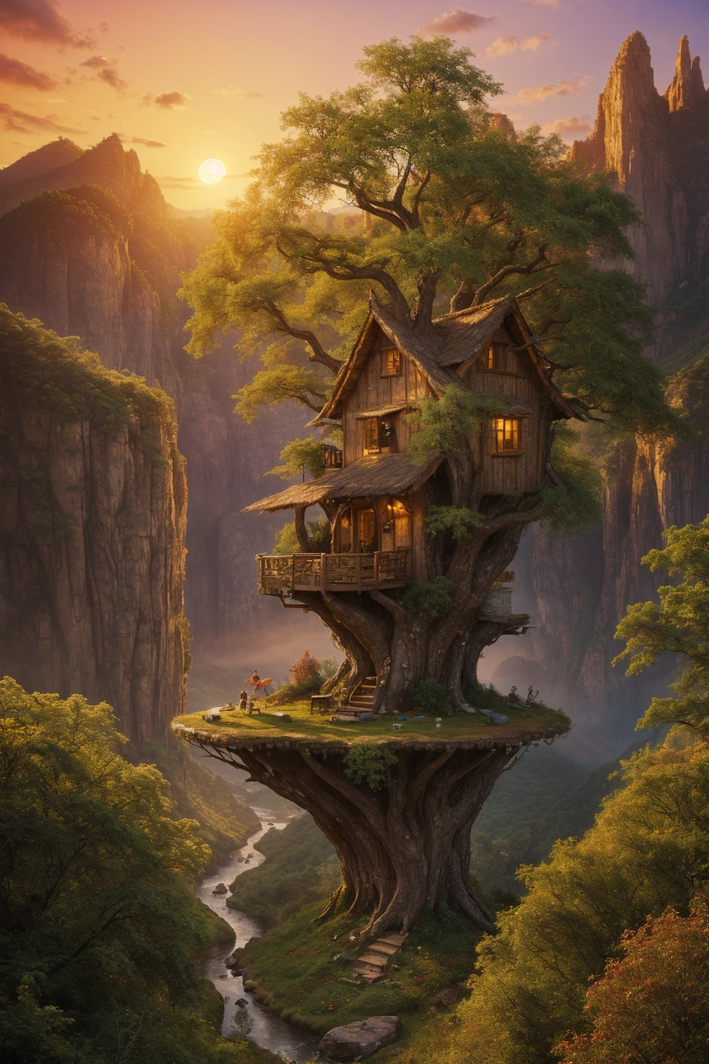 valley, fairytale treehouse village covered, , matte painting, highly detailed, dynamic lighting, cinematic, realism, realistic, photo real, sunset, detailed, high contrast, denoised, centered, michael whelan