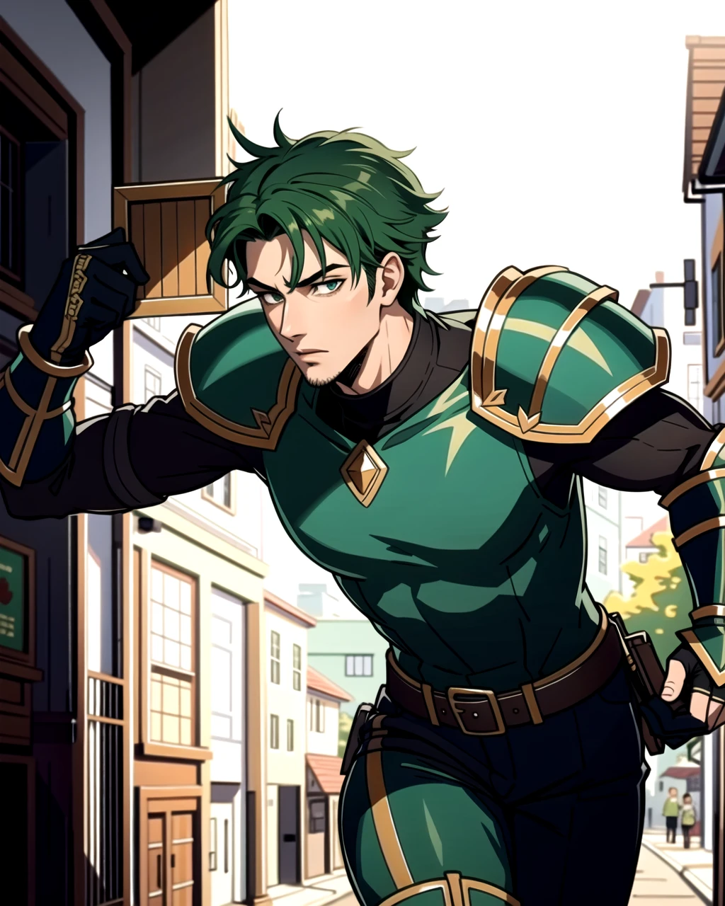 ((masterpiece), best quality, high quality, professional quality, highly detailed, highres, perfect lighting, natural lighting), (1boy, slender, handsome, no facial hair, short hair, green hair), wearing armor, running, in a fantasy town