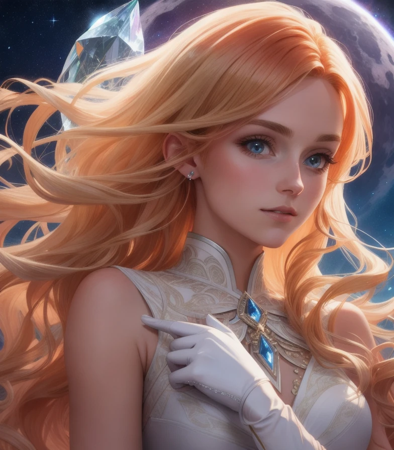 hair red gradient blonde, night sky, detailed face, face focus, shiny skin, game cg, nigh sky, moonlight, moon, white gloves, magical girl beauty in dress glass, Intricate Surface Detail, Crystal Core , Ethereal Fantasy, Realistic, Fiction, Full-HD, 8K Photo