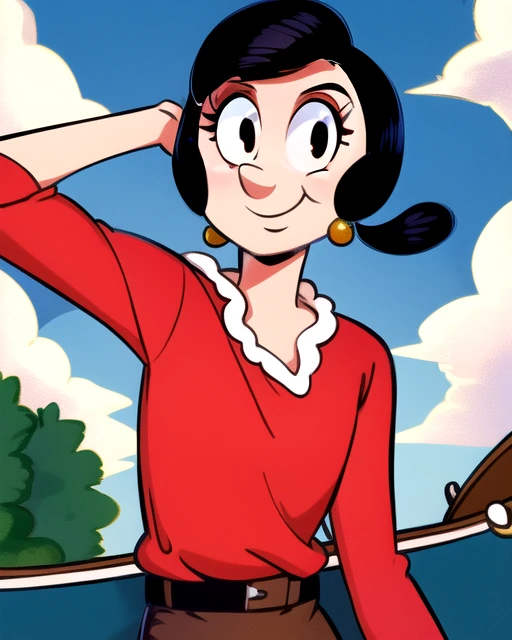 OliveOyl, short black hair with ponytail, black eyes, solo, upper body, smiling, 
OliDre,red shirt , black long skirt, brown footwear, small earrings, 
waterboat, cartoon environment,  sunny, clouds, 
(insanely detailed, beautiful detailed face, masterpiece, best quality)
 <lora:OliveOyl:1>
