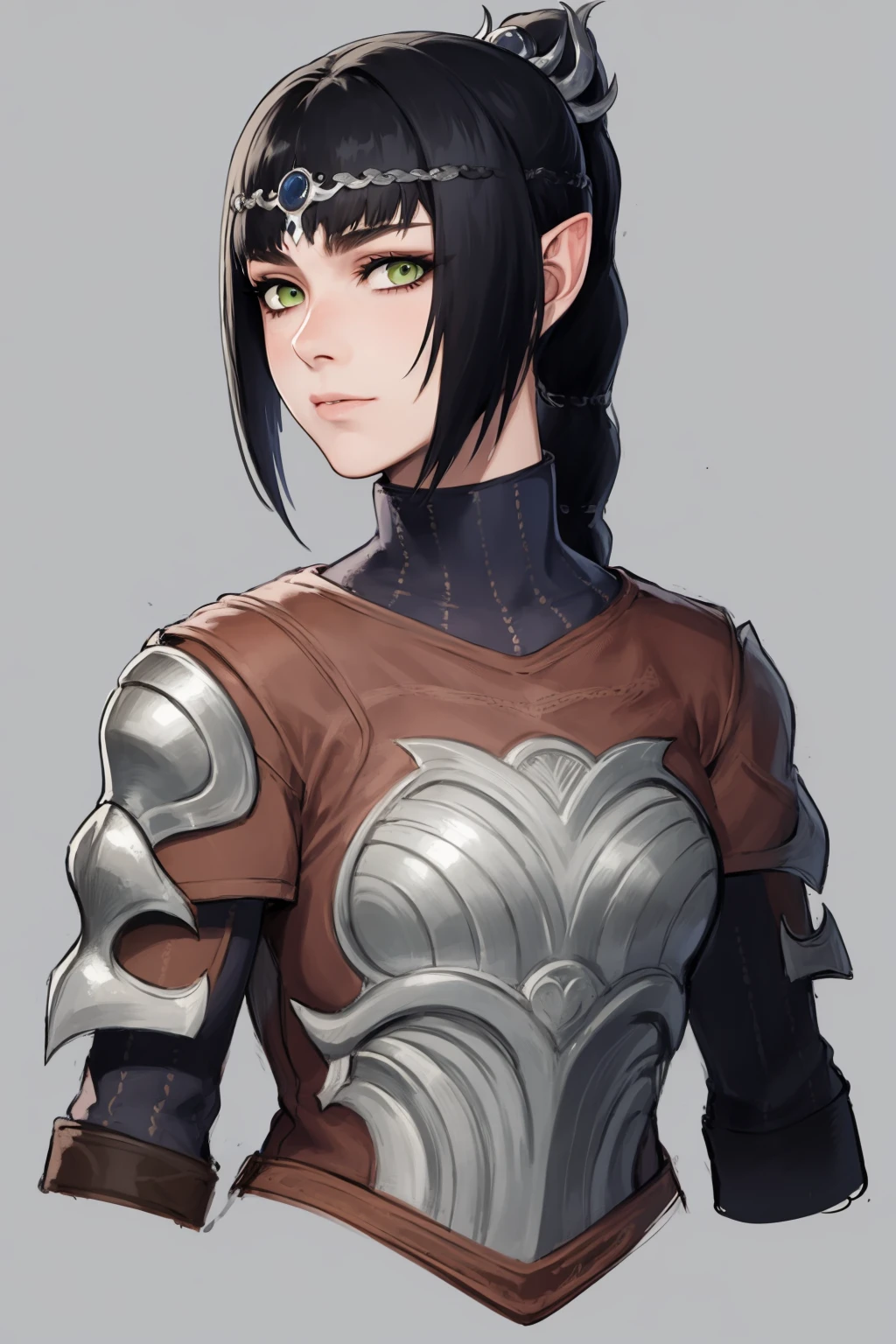 masterpiece, best quality, 1girl, shadowheart, black hair, braided ponytail, green eyes, circlet, closeup, sketch, looking at viewer, simple background <lora:ShadowHeart:1>