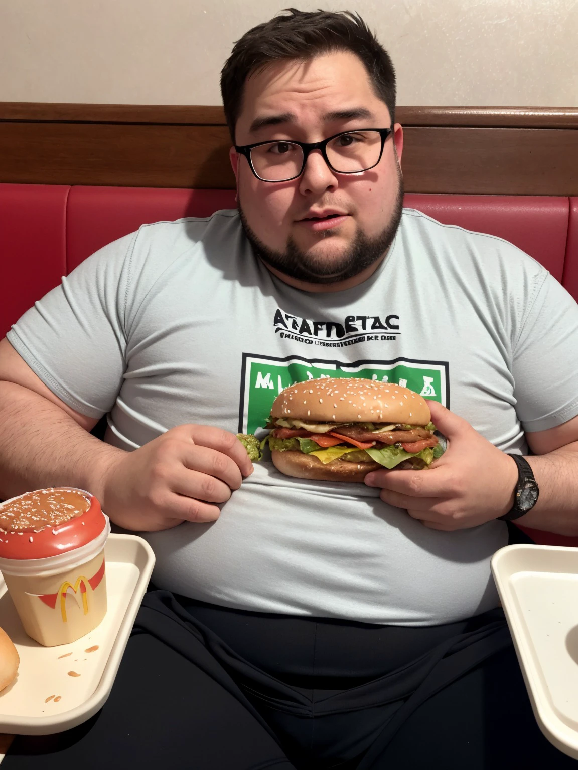 highly detailed photo, realistic, absurdres, highly detailed skin, photorealistic, highres, a fat american reddit user man is sitting at a table at mcdonalds and a massive and greasy hamburger on a food tray, sweat stained t-shirt, neckbeard, sweat, ketchup on t-shirt, heavy breathing, glasses,