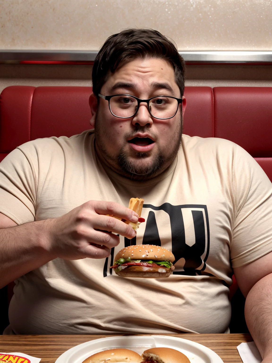 highly detailed photo, realistic, absurdres, highly detailed skin, photorealistic, highres, a fat american reddit user man is sitting at a table at mcdonalds and a massive and greasy hamburger on a food tray, sweat stained t-shirt, neckbeard, sweat, ketchup on t-shirt, heavy breathing, glasses,