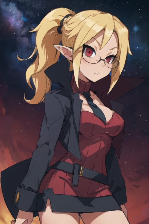 Professor,pointy ears, red eyes, blonde hair,ponytail, standing, cold expression, upper body, solo ProfAtt,ribbed turtleneck, miniskirt,glasses,necktie,black coat, long sleeves ,black footwear,high heels,
cleavage, frontal,
outer space, stars, lab,
(insanely detailed, beautiful detailed face, masterpiece, best quality) cinematic lighting, <lora:Professor-08:0.7>