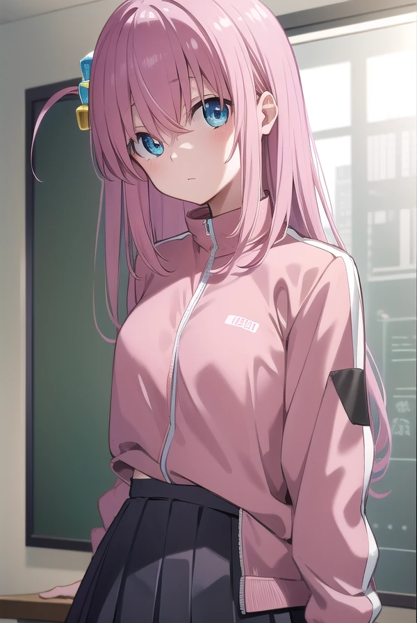 hitorigotou, <lora:hitorigotoutest:1>, hitori gotou, blue eyes, cube hair ornament, hair between eyes, hair ornament, pink hair, one side up, long hair,
BREAK black skirt, jacket, long sleeves, pants, pants under skirt, (pink jacket:1.5), pink pants, pleated skirt, skirt, track jacket, track pants, track suit,
BREAK looking at viewer,
BREAK indoors, classroom,
BREAK <lora:GoodHands-vanilla:1>, (masterpiece:1.2), best quality, high resolution, unity 8k wallpaper, (illustration:0.8), (beautiful detailed eyes:1.6), extremely detailed face, perfect lighting, extremely detailed CG, (perfect hands, perfect anatomy),