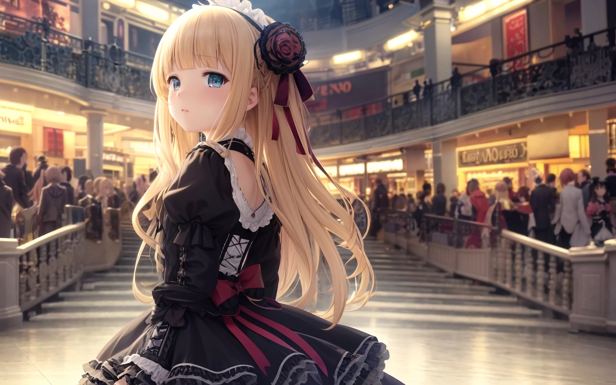 by kyoani, (game cg), highres, (masterpiece), (best quality), official art, hdr, wallpaper, (from side),
beautiful girl, long blonde himecut with blunt bangs, aqua eyes, tiny breasts, ornate (lolita fashion), skirt, in (detailed cluttered modern) crowded shopping mall, ((evening))
