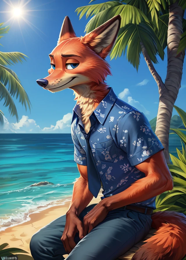 uploaded on e621, ((by Wildering, by Foxovh, by Disney)), Zootopia,
solo ((nick wilde)) with ((neck tuft)) and (fluffy tail) and ((clear navy blue eyes)),
((half-length portrait)), ((wear blue hawaii floral shirt with grey pants)),
BREAK
((sitting at island with plant and water on sunny day)),
(detailed background, depth of field, half body shadow, sunlight, ambient light on the body),
(intricate:1.1), (high detail:1.2), (soft focus), [explicit content, questionable content], (masterpiece, best quality, 4k, 2k, shaded, absurd res)