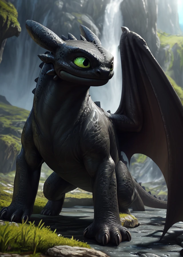 uploaded on e621, ((by Scavy, by Nicola Samori, by Zack Snyder, by Ferdinand Knab)),
solo (quadruped feral:1.35) ((toothless)) with ((black body)) and (black claws) and ((membranous wings)) and (clear yellow green eyes),
(looking at viewer), ((three-quarter portrait)),
BREAK
((all fours at mist mountain with plant and waterfall)), (fog),
(detailed background, depth of field, half body shadow, sunlight, ambient light on the body),
(masterpiece, best quality, ultra realistic, 4k, 2k, (intricate:0.9), (high detail:1.2),
(3d \(artwork\):1.25), blender \(software\), soft focus, ray tracing, (unreal engine:1.25), absurd res)
