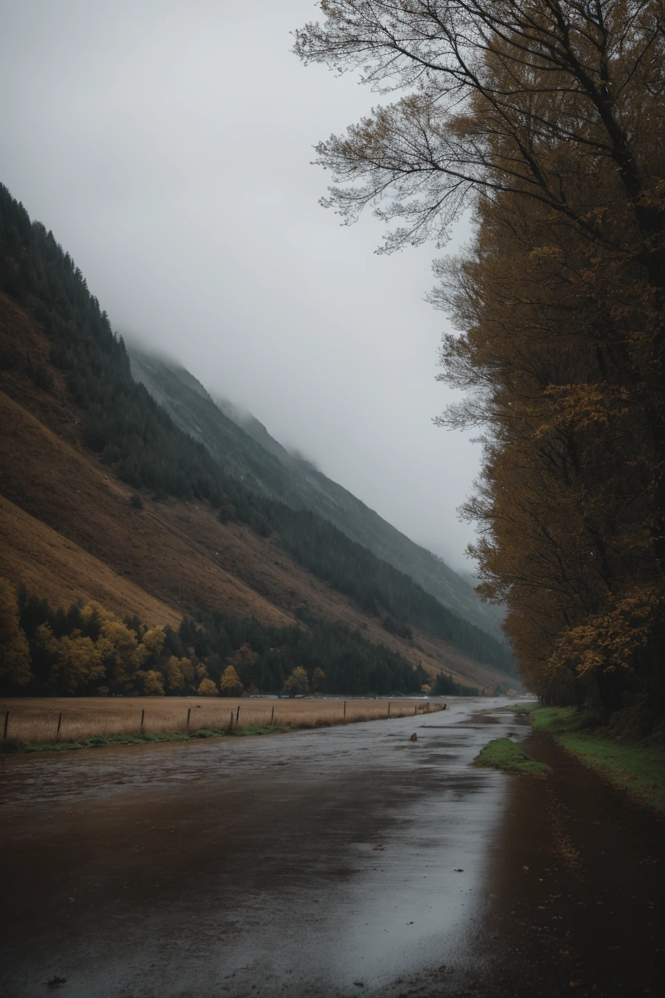 photo of landscape, rainy weather, 8k uhd, high quality, film grain, Fujifilm XT3