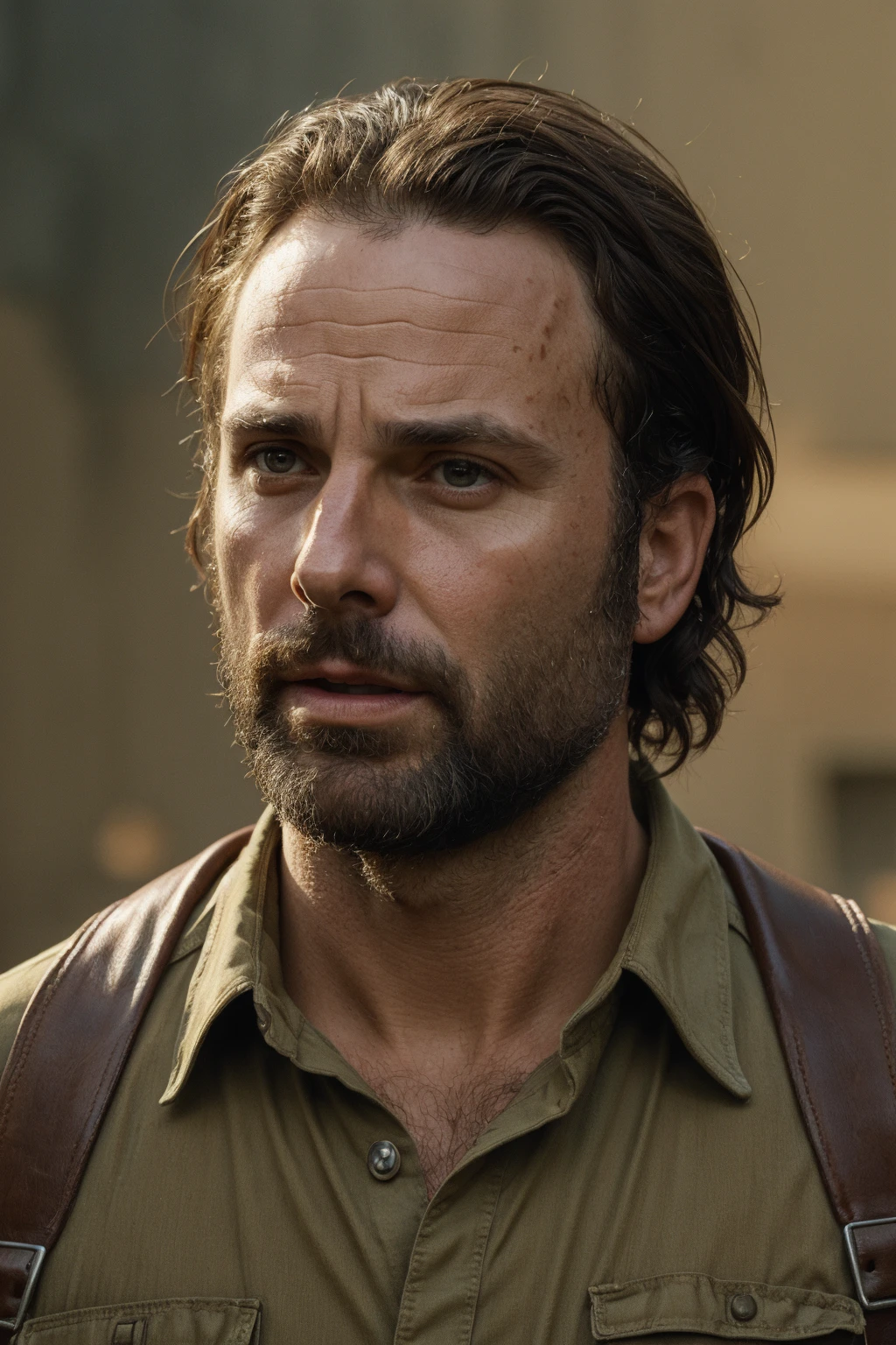 Portrait of (Rick Grimes from the walking dead)+ , epic, tragic, military art, fantasy, dieselpunk, hd shot, digital portrait, beautiful, artstation, comic style, by artgerm, guy denning, jakub rozalski, magali villeneuve and charlie bowater, comic book, superhero costume