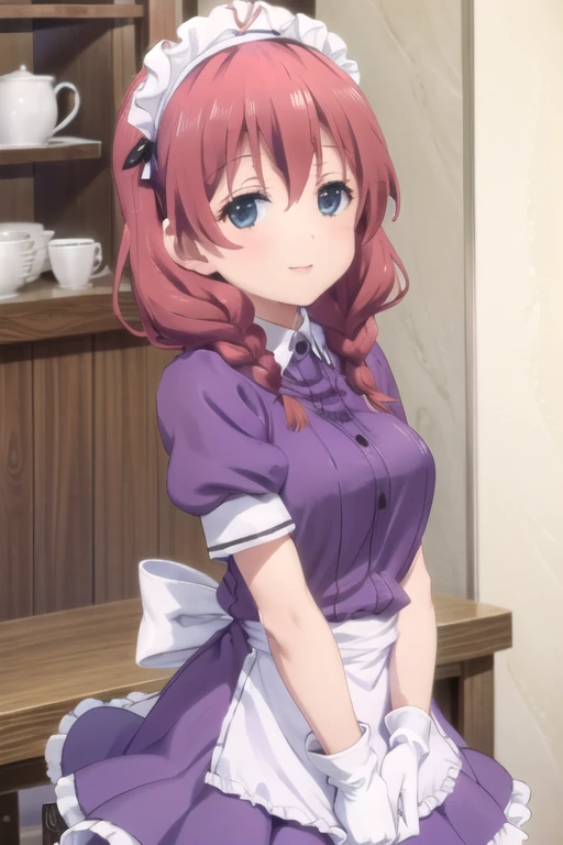 (((picture perfect))), (absurdres), 1girl, solo, <lora:miu:0.8>, miu amano, maid, maid headdress, waist apron, (purple shirt, purple skirt:1.2), short sleeves, white gloves, looking at viewer, v arms, smile, own hands clasped, cafe