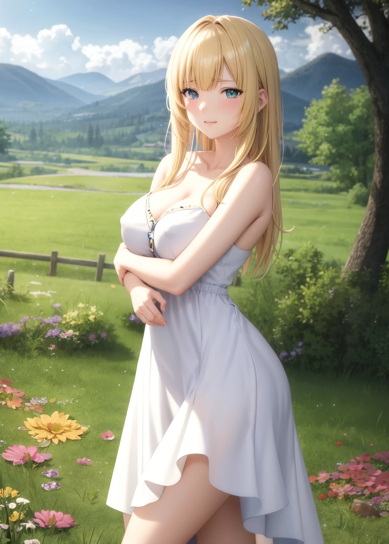 by kyoani, (game cg), highres, (masterpiece), (best quality), official art, hdr, (hugging), (close up), [[breast focus]],
[smug], seductive woman, long blonde himecut with blunt bangs, aqua eyes, medium breasts, (simple (white) summer dress) [covered nipples], (picnic), in beautiful detailed grassy field with a forest and mountains on the background, colorful flowers