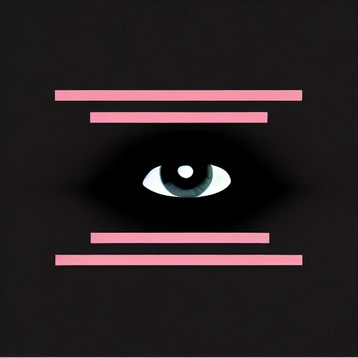 graphicart mystical eye illustration, bold with brutalism minimalistic spell symbols, black and white, threshold effect, minimalism brutalism, horizontal vertical, black background, white & pink