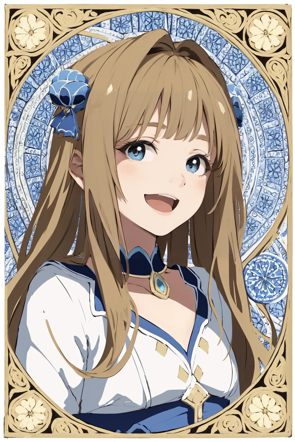 (masterpiece, best quality, absurdres:1.2) , (teenage beautiful girl, solo:1.1), happy expression, joyful, delighted, cheerful, long hair,
blue, Tash Khovli Palace, Uzbekistan, mosaic patterns, small tiles, colorful designs, geometric shapes, artistic expression, ancient art, architectural decoration tile,
HDR, <lora:SilvermoonMix02_2:1>