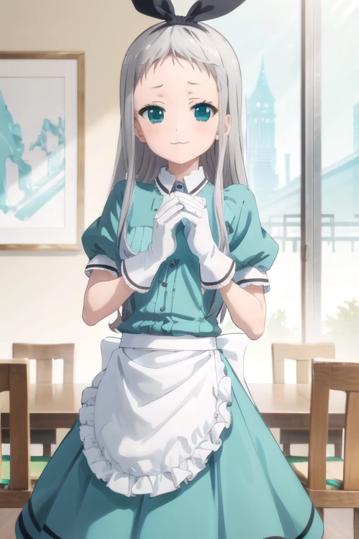 (((picture perfect))), (absurdres), 1boy, solo, <lora:hideri:0.8>, hideri kanazaki, maid, maid headdress, waist apron, (aqua shirt, aqua skirt:1.2), white gloves, looking at viewer, smile, :3, own hands clasped, cafe