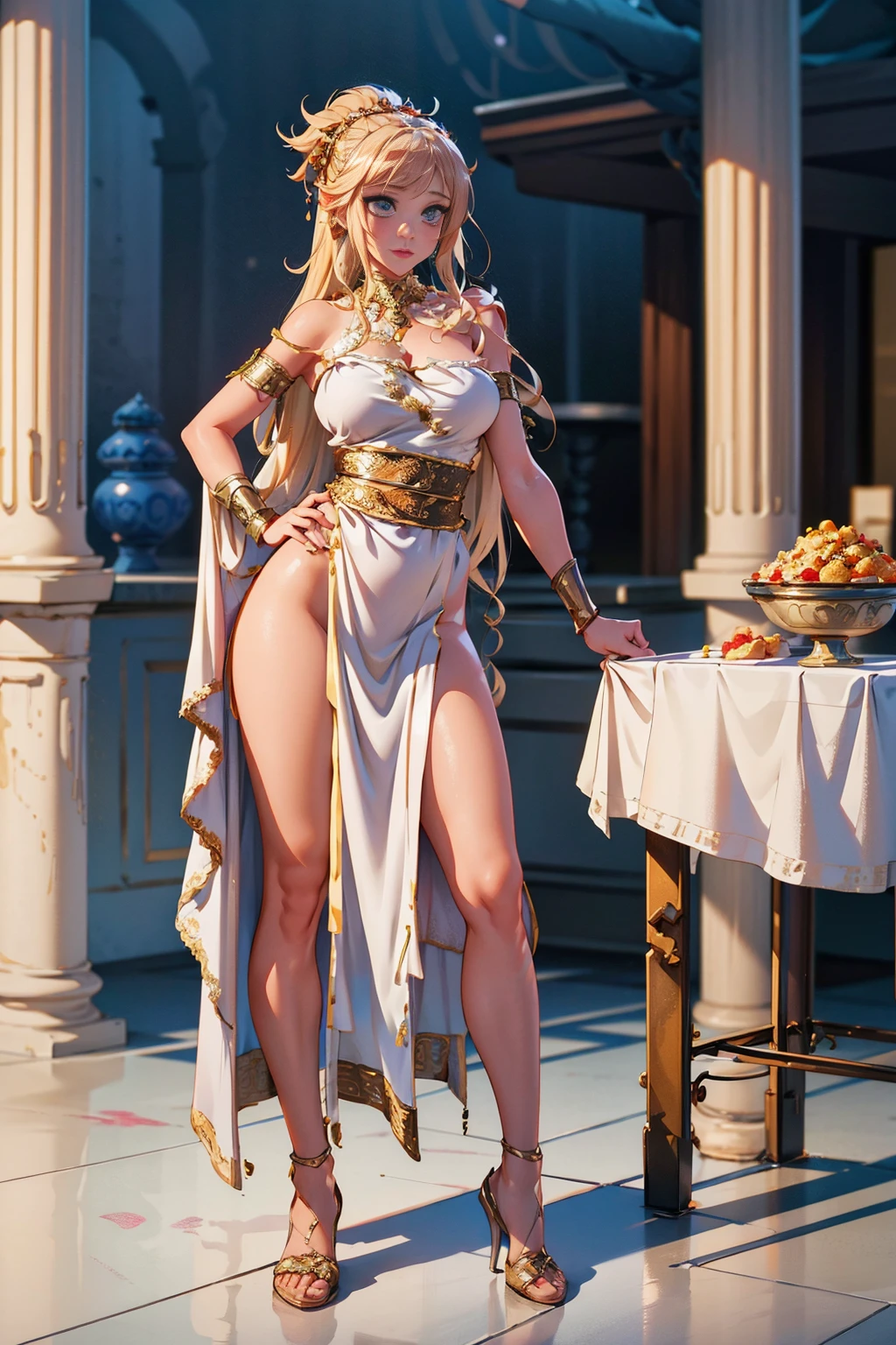 Esmeralda from Guatemala, medium (chin-length:1.2) frizzy platinum-blonde hair, detailed fullbody shot of a sexy 1girl, wearing a white toga, fantasy_toga, post-apocalyptic restaurant, rotting food, empty tables, remnants of culinary indulgence, <lora:fantasy_toga:0.75>