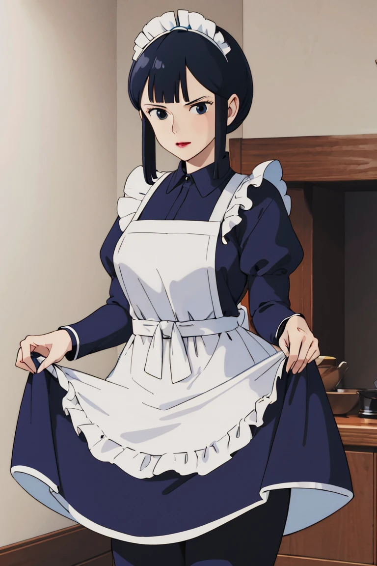 anime coloring, <lora:Eboshi-08:0.8:CHA>, eboshi, mature_female, solo, maid dress, bangs in middle, cowboy_shot, apron,