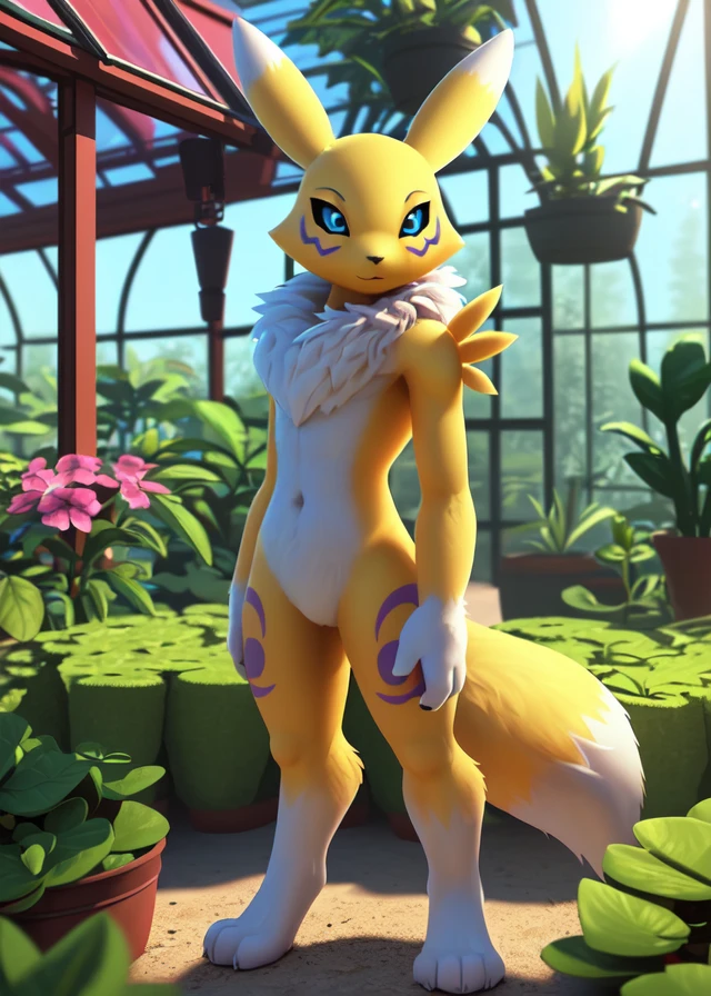 uploaded on e621, ((by Yookie, by Anton Fadeev, by Tomer Hanuka)),
solo (((chibi Renamon))) with ((yellow and white body)) and (neck tuft) and (large fluffy tail) and ((clear aqua blue eyes)),
((detailed fluffy fur)), ((full-length portrait, three-quarter view, looking at viewer)),
BREAK
((standing at greenhouse with pink and blue sky on sunny day)),
(masterpiece, best quality, ultra realistic, 4k, 2k, (intricate:1), (high detail:1.25),
(3d \(artwork\):1), blender \(software\), (soft focus), ray tracing, (unreal engine:1.2), absurd res)