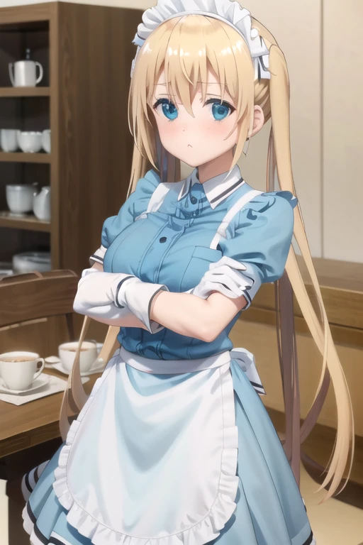 (((picture perfect))), (absurdres), 1girl, solo, <lora:kaho:0.8>, kaho hinata, maid, maid headdress, waist apron, (blue shirt, blue skirt:1.2), short sleeves, white gloves, looking at viewer, crossed arms, pout, blush, cafe