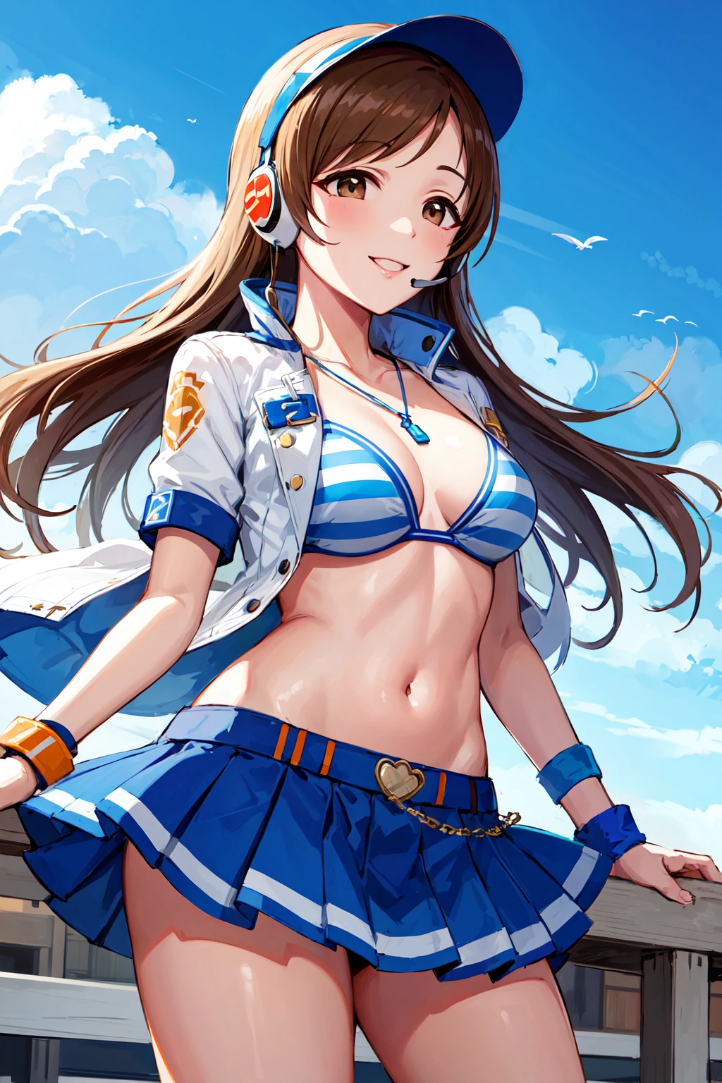 masterpiece, best quality, highres, aanitta, long hair, visor cap, headset, medium breasts, necklace, jewelry, blue bikini, striped, white jacket, open clothes, short sleeves, wristband, blue skirt, pleated skirt, idolmaster, <lora:nitta_minami_v1:0.7>, cowboy shot, standing, smile, blue sky, arms at sides, straight-on,