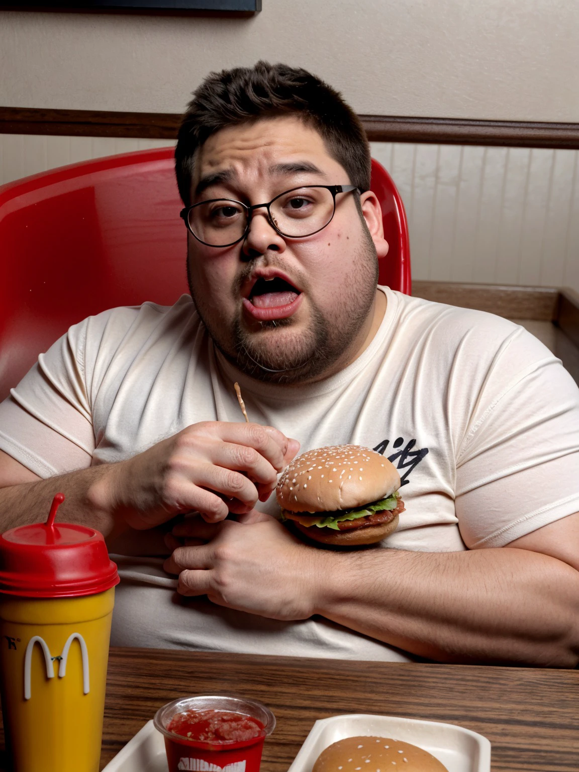 highly detailed photo, realistic, absurdres, highly detailed skin, photorealistic, highres, a fat american reddit user man is sitting at a table at mcdonalds and a massive and greasy hamburger on a food tray, sweat stained t-shirt, neckbeard, sweat, ketchup on t-shirt, heavy breathing, glasses,