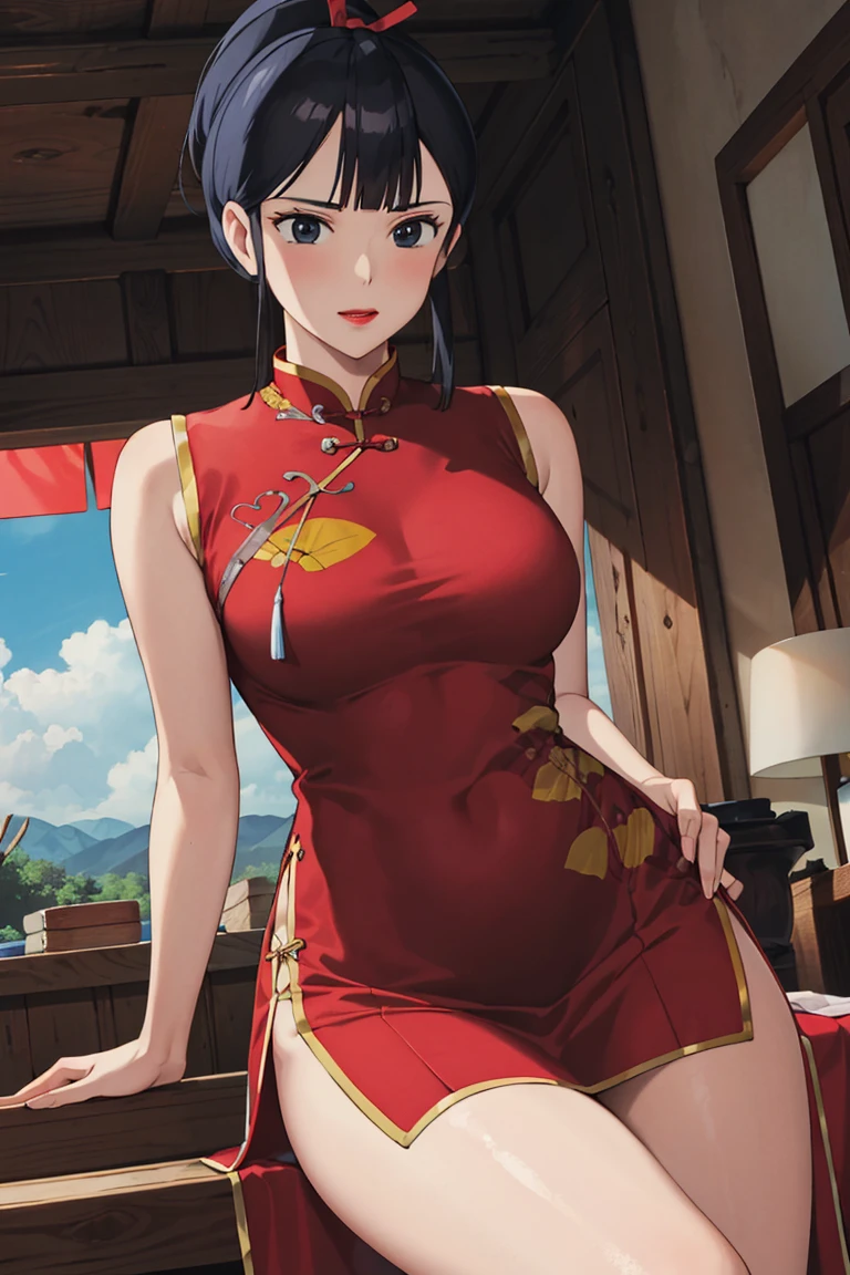 masterpiece, close-up to face, 1girl, red cheongsam, highleg, <lora:Eboshi-08:0.75>, eboshi, (mature_female:0.35), slim thighs,