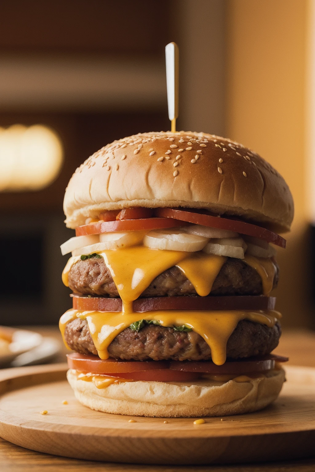 Photo of a burger with cheese from food photograph, food photography, photorealistic, ultra realistic, maximum detail, foreground focus, recipes.com, epicurious, instagram, 8k, volumetric light, cinematic, octane render, uplight, no blur, depth of field, dof, bokeh