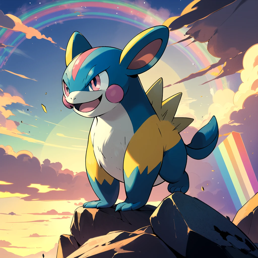 highres, masterpiece, sugimori ken \(style\), picture of a normal type multicolor pokemon \(creature\), rainbow pokemon, light, detailed prism lighting, happy, cute, floating, sunny day