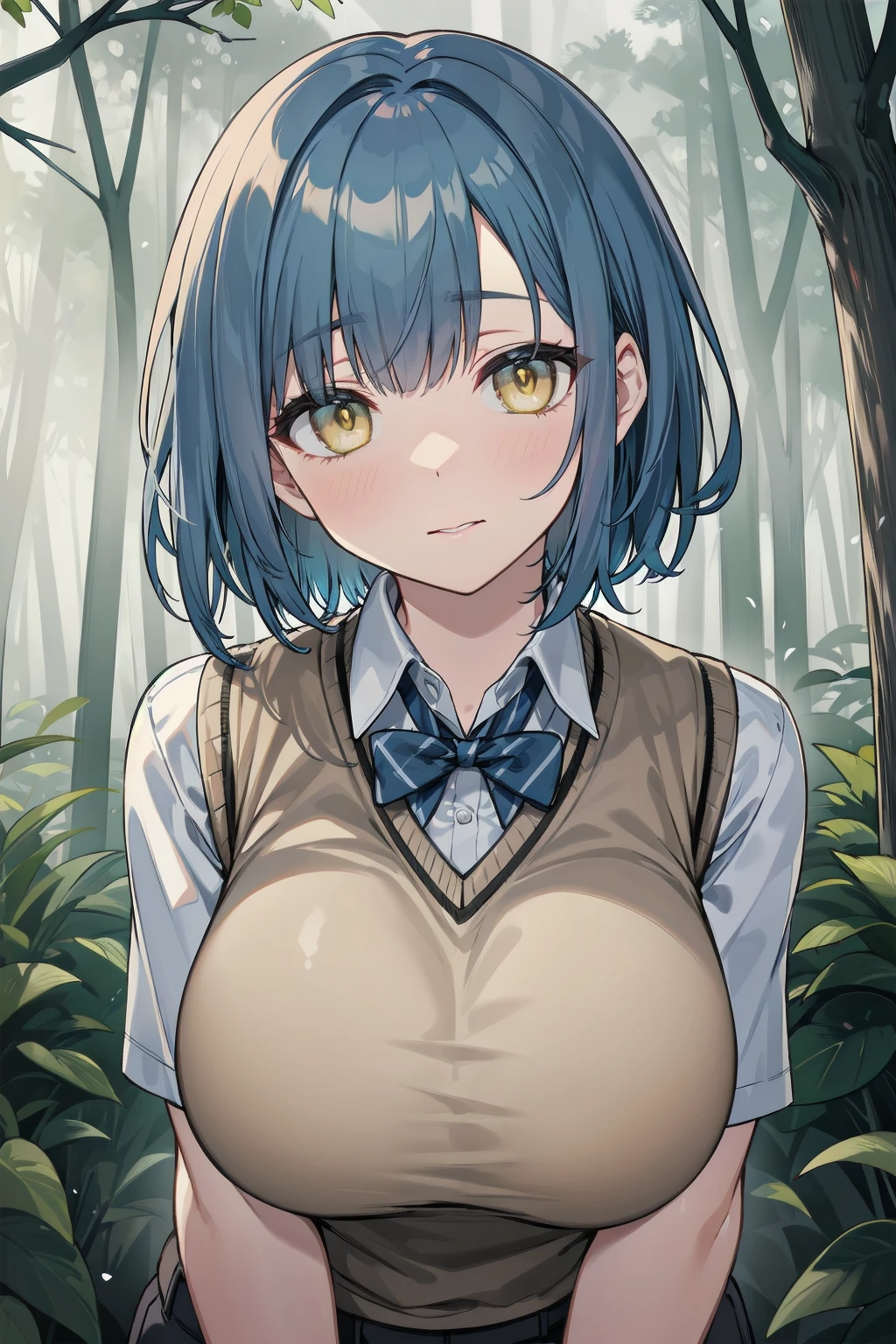 masterpiece, best quality, cute, beautiful face,
short hair, blue hair, yellow eyes, sweater vest, aged down, gigantic breasts,
forest, fog,