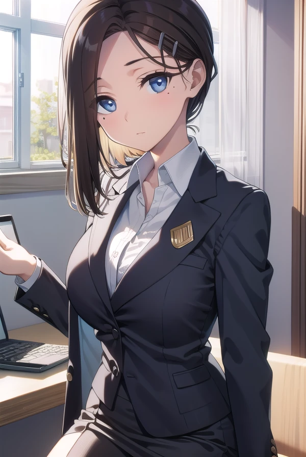 kouhaichan, <lora:kouhaichantest:1>, kouhaichan, hair ornament, hairclip, mole, mole under eye, short hair, brown hair, blue eyes, (large breast:1.2)
BREAK business suit, dress shirt, earrings, formal, high heels, jacket, miniskirt, office lady, open collar, pencil skirt, shirt, skirt, suit,,
BREAK looking at viewer,
BREAK indoors, office,
BREAK <lora:GoodHands-vanilla:1>, (masterpiece:1.2), best quality, high resolution, unity 8k wallpaper, (illustration:0.8), (beautiful detailed eyes:1.6), extremely detailed face, perfect lighting, extremely detailed CG, (perfect hands, perfect anatomy),