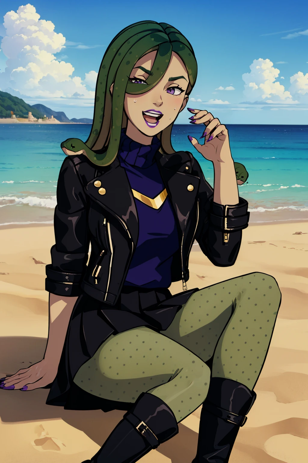 (masterpiece, best quality:1.2), <lora:vera_oberlin:.9>, vera oberlin, 1girl, solo, pantyhose, skirt, boots, purple lips, green hair, jacket, sweater, hair over one eye, long hair, breasts, large breasts, snake hair, black skirt, makeup, black footwear, turtleneck, colored skin, green skin, lipstick, polka dot, leather, nail polish, purple nails, black jacket, miniskirt, purple sweater, leather jacket, open jacket, long sleeves, ribbed sweater, open clothes, high heel boots, monster girl, fruit, food, watermelon, sky, open mouth, smile, outdoors, beach, day, sitting, cloud, blue sky, sweat, looking at viewer, :d, sand, ocean