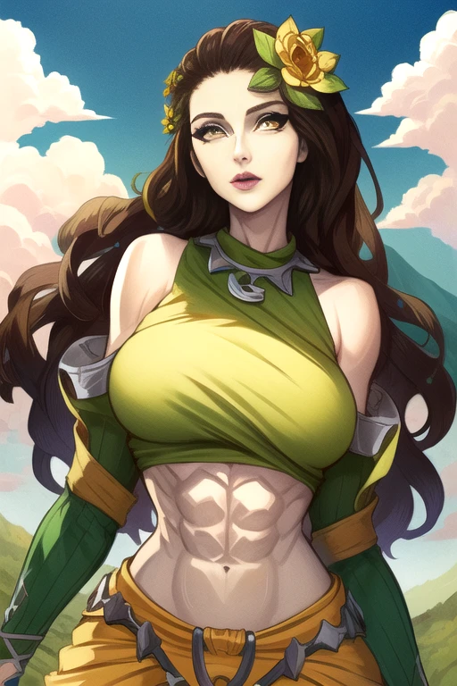 Inara, long brown hair,grey skin ,yellow eyes,lips , abs, solo, upper body,
InaRob, flower hair ornament ,midriff,bare shoulders,detached sleeves ,long skirt,jewelry ,
high mountains, cloud, cleavage,
(insanely detailed, beautiful detailed face, masterpiece, beautiful detailed eyes, best quality) <lora:Inara:0.8>