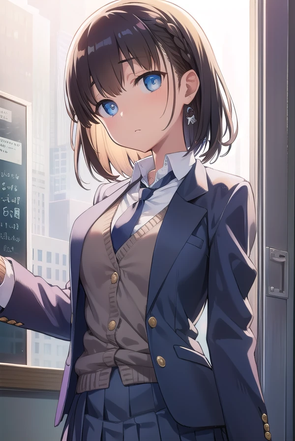 tawawaai, <lora:aichantest:1>, aichan, blue eyes, brown hair, short hair, side braid, braid, hair ornament, hairclip,
BREAK black necktie, black pantyhose, blazer, blue jacket, blue skirt, buttons, collared shirt, jacket, miniskirt, necktie, open clothes, open jacket, pantyhose, pleated skirt, school uniform, shirt, skirt, sweater vest,
BREAK looking at viewer,
BREAK indoors, classroom,
BREAK <lora:GoodHands-vanilla:1>, (masterpiece:1.2), best quality, high resolution, unity 8k wallpaper, (illustration:0.8), (beautiful detailed eyes:1.6), extremely detailed face, perfect lighting, extremely detailed CG, (perfect hands, perfect anatomy),