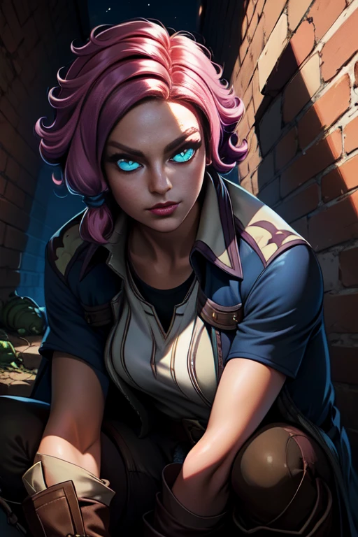 Meave.solo.short pink hair with a hair knot. blue eyes. bangs, smug, upper body,
Meclot, brown belt, knee boots, brown gloves ,fingerless gloves ,shirt,
brick wall, nighttime, caught by flash light, 12:pm. cinematic lighting, outside, in a circle of light, dark corners,
(insanely detailed, beautiful detailed face, masterpiece, best quality) <lora:Meave:0.8>